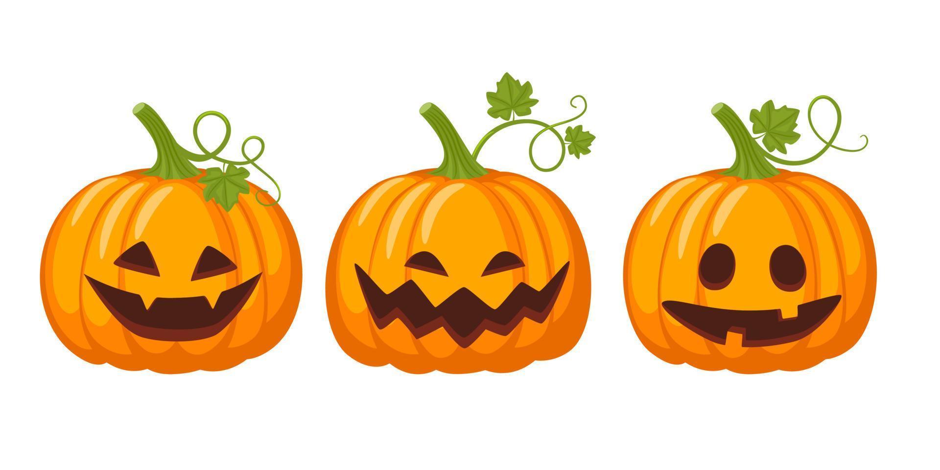 conjunto de calabazas de halloween. calabaza aterradora de halloween con sonrisa, cara feliz. ilustración vectorial aislado sobre fondo blanco. símbolo de vacaciones y otoño. vector