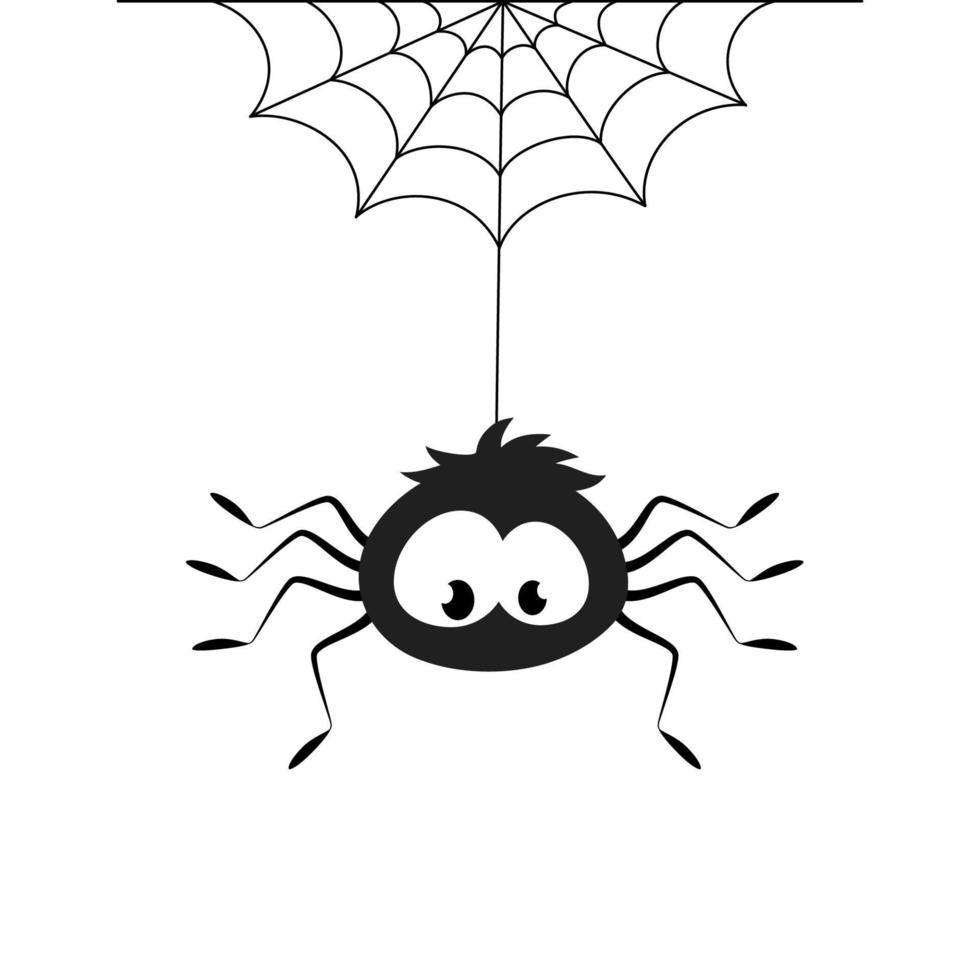 araña de personaje de dibujos animados colgando de imágenes prediseñadas de telaraña. lineas negras trampa para insectos iconos de Halloween. ilustración vectorial sobre un fondo blanco. vector