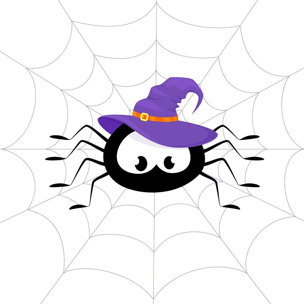 A spider in a witch’s hat sits on a spider web. Halloween concept