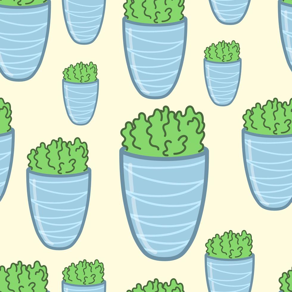 Plant in big stone vase. Seamless pattern on yellow background. Hand-drawn vector illustration.