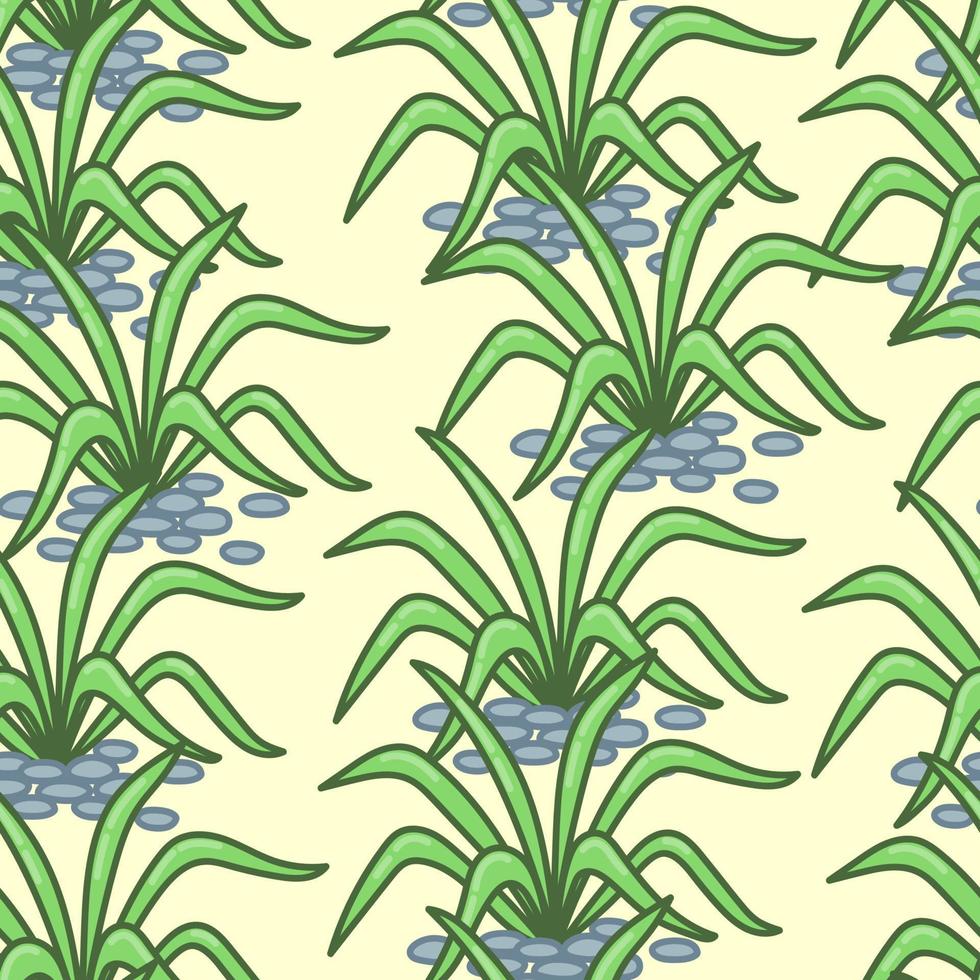 Green plant with long leaves and decoration pebble. Vector seamless pattern on yellow background. Hand-drawn cute illustration.