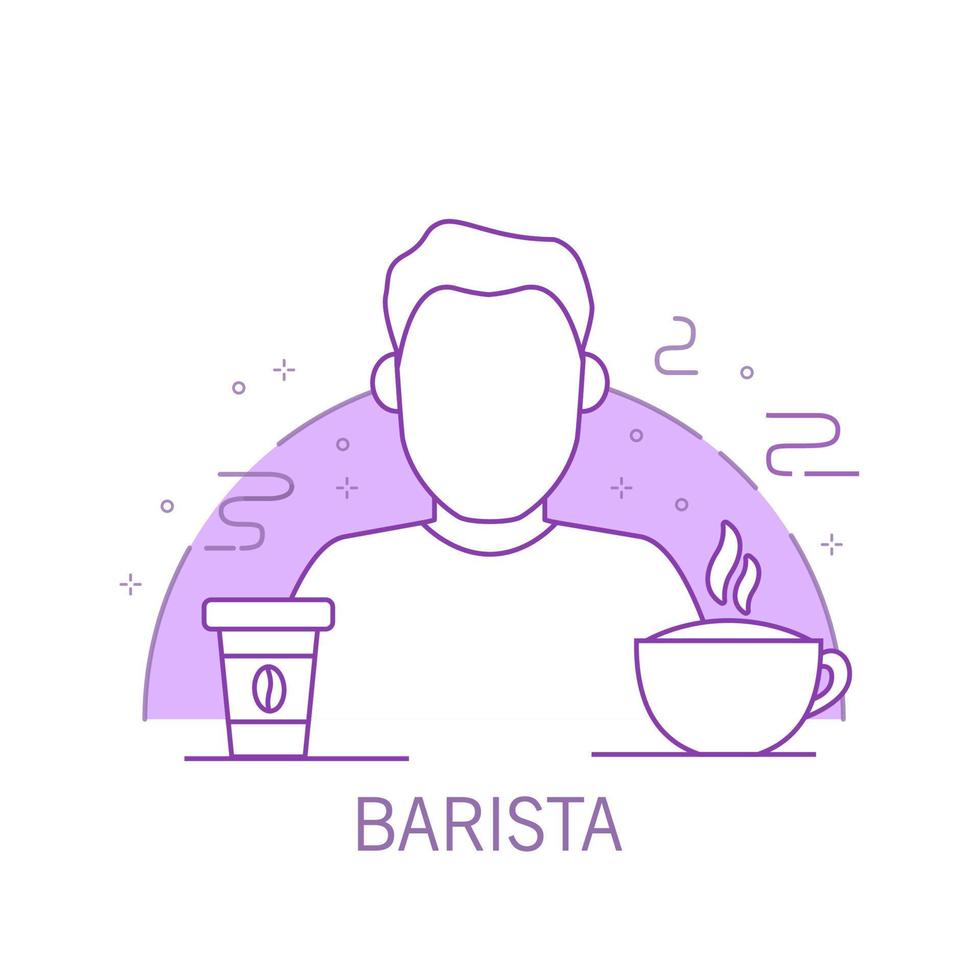 Barista outline cartoon character with a cappuccino and a paper cup of coffee.Hot drink. Line art  vector.Isolated on a white background. vector