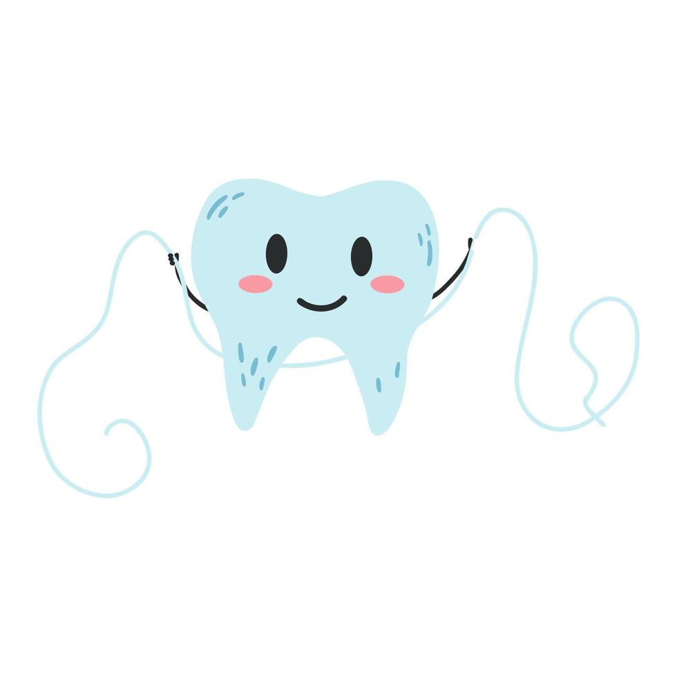 Hand drawn kawaii tooth character using dental floss in cartoon flat style.  Vector illustration of teeth cleaning process, dental care concept, oral  hygiene 11873301 Vector Art at Vecteezy