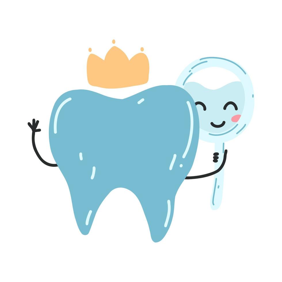 el personaje del diente kawaii dibujado a mano se mira en el espejo. ilustración vectorial de dientes limpios y sanos con corona, concepto de atención dental, higiene bucal vector