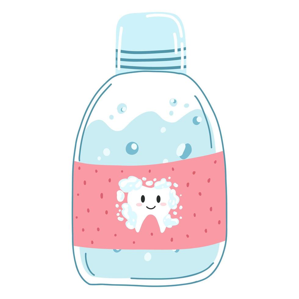 Hand drawn mouthwash bottle with kawaii tooth character in cartoon flat style. Vector illustration of liquid for rinsing mouth, dental care concept, oral hygiene