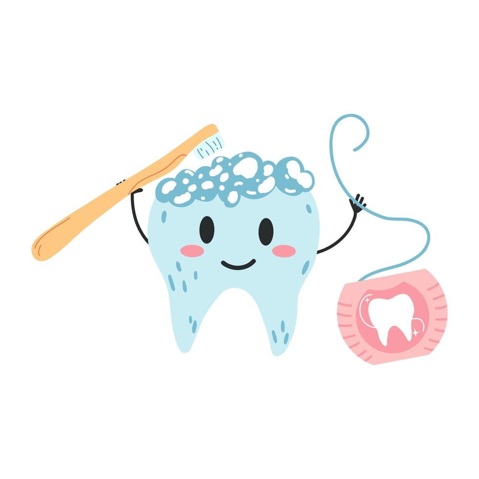 personaje de diente kawaii dibujado a mano con cepillo de dientes y hilo dental en estilo plano de dibujos animados. ilustración vectorial del proceso de limpieza dental, concepto de atención dental, higiene bucal vector