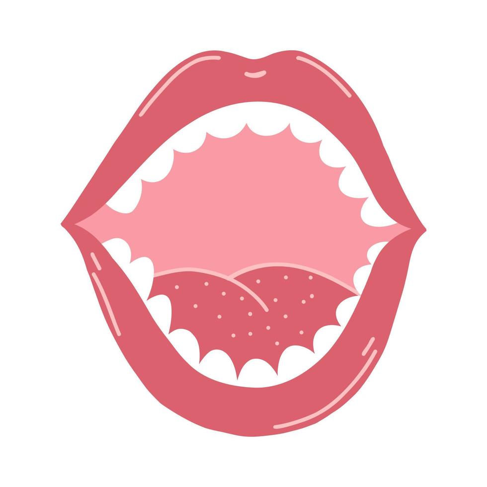 Open mouth with teeth in cartoon flat style. Hand drawn vector illustration of human lips and tongue for stickers, web design, poster, postcard, fabric print