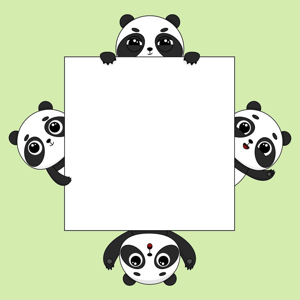 Cartoon pandas frame with blank sign. Place for text. Vector illustration