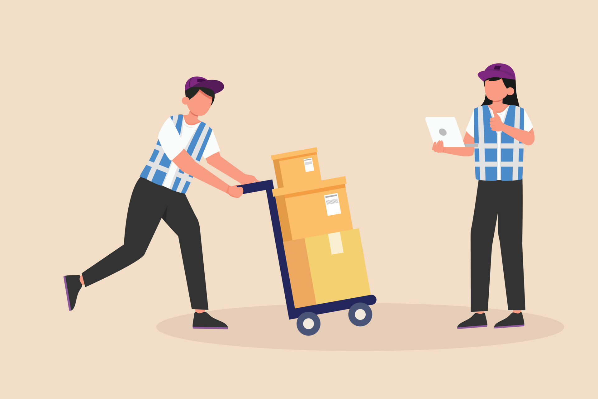 Female boss giving direction to warehouse staff. Boss move concept