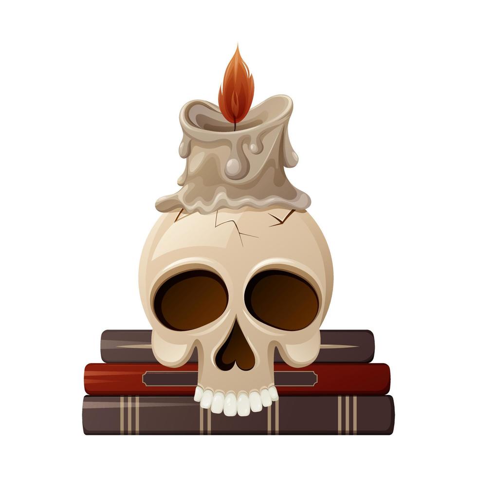 Skull without lower jaw with cracks on witch books. Burning wax candle. Cartoon vector illustration. Item for divination, spell, halloween, the day of the dead.