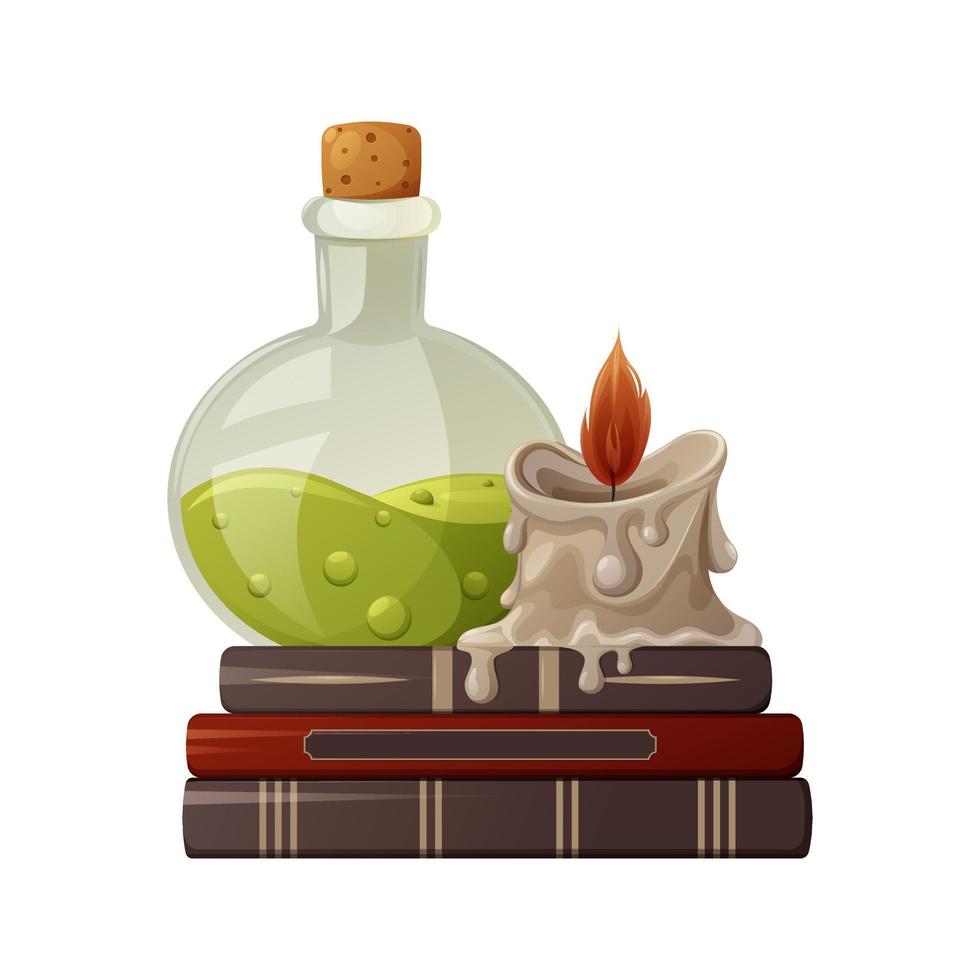 Potion in a glass flask, burning wax candle on witch books. Cartoon vector illustration. Item for divination, spell. Cartoon vector illustration for Halloween