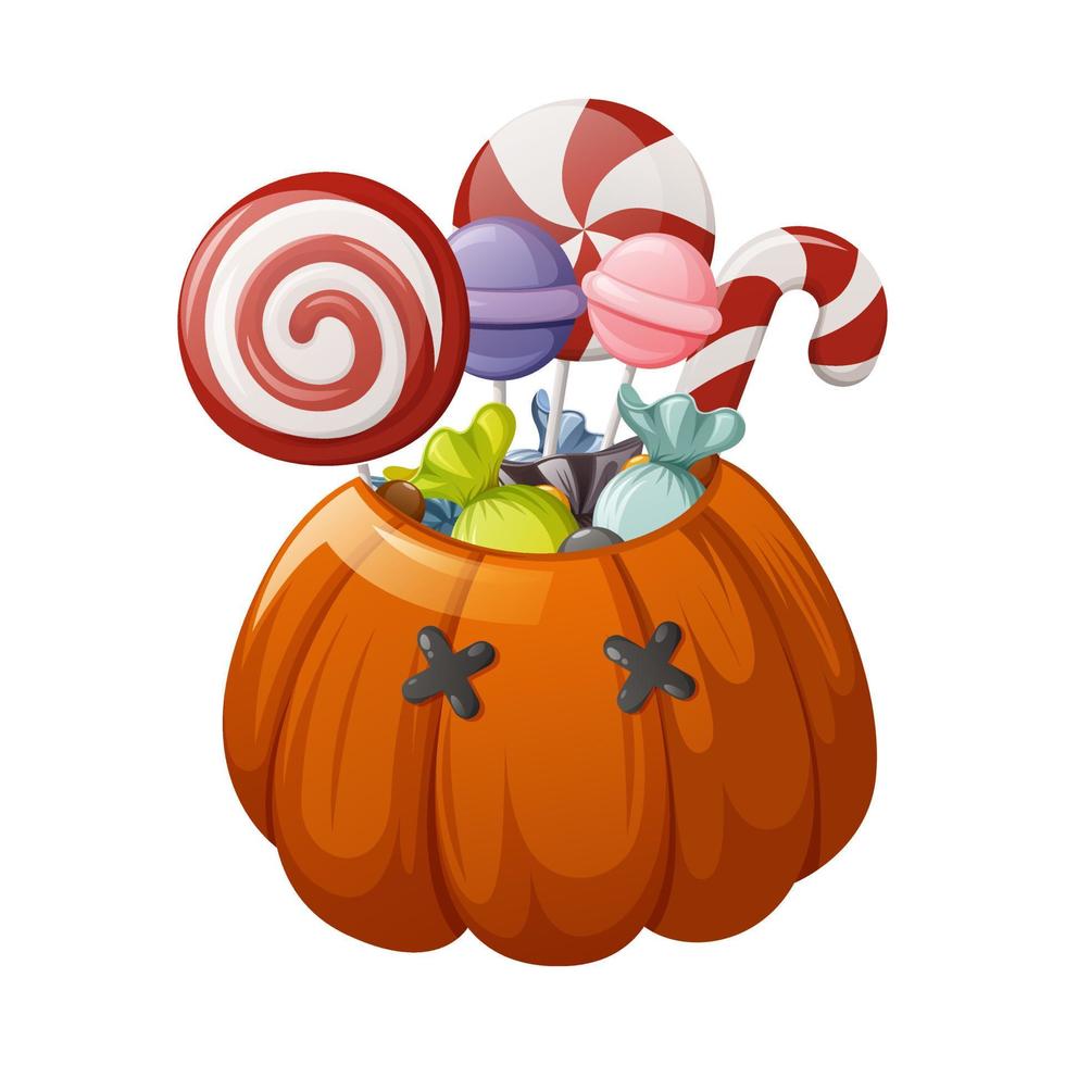 calabaza de halloween con dulces para niños. ilustración vectorial de dibujos animados. vector