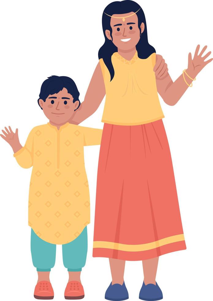 Siblings wearing clothes for indian festival semi flat color vector characters. Editable figures. Full body people on white. Simple cartoon style illustration for web graphic design and animation