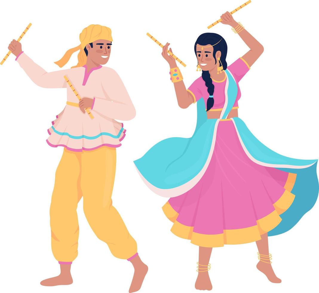 pareja realizando danza india con palos de caracteres vectoriales de color semiplano. figuras editables. personas de cuerpo completo en blanco. ilustración de estilo de dibujos animados simple para diseño gráfico web y animación vector