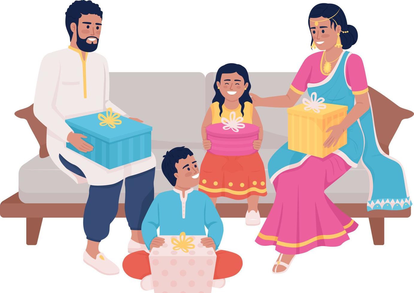 Family members exchanging gifts during festival semi flat color vector characters. Editable figures. Full body people on white. Simple cartoon style illustration for web graphic design and animation