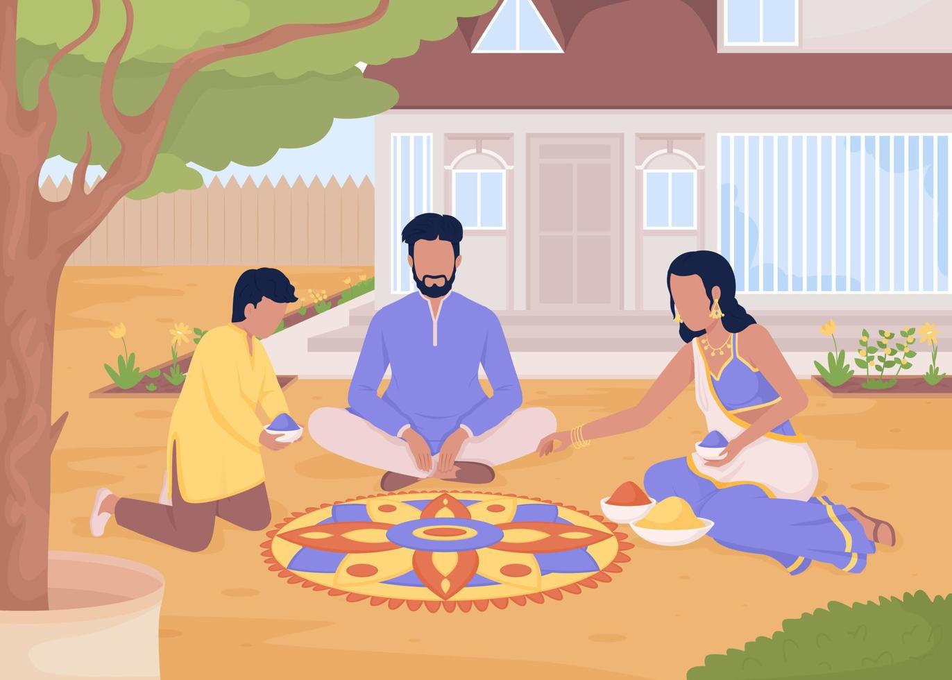 Creating flower rangoli with family flat color vector illustration. Traditional indian custom. Diwali festival preparation. Fully editable 2D simple cartoon characters with house on background