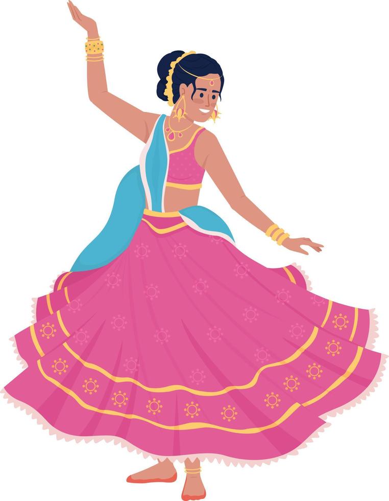 mujer bailando con vestido rosa popular de carácter vectorial de color semiplano. figura editable. persona de cuerpo completo en blanco. ilustración de estilo de dibujos animados simple de vacaciones hindúes para diseño gráfico web y animación vector