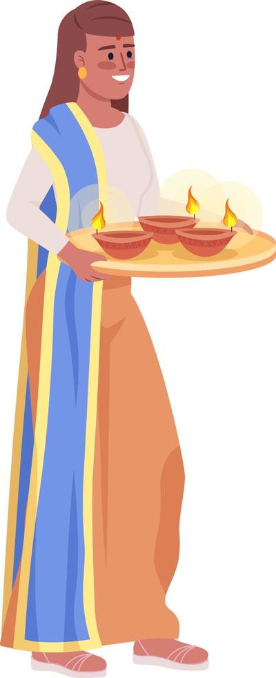 mujer que lleva una bandeja con un carácter vectorial de color semiplano diyas. figura editable. persona de cuerpo completo en blanco. ilustración de estilo de dibujos animados simple ritual de diwali para diseño gráfico web y animación vector