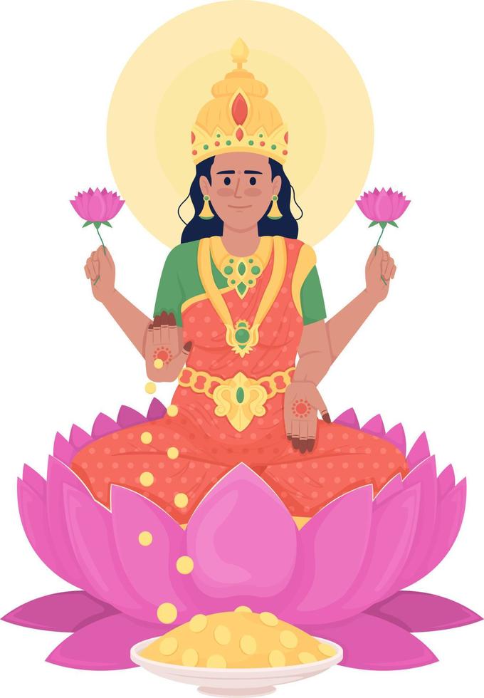 Lakshmi goddess semi flat color vector character. Editable figure. Full body person on white. Diwali celebration. Hinduism simple cartoon style illustration for web graphic design and animation