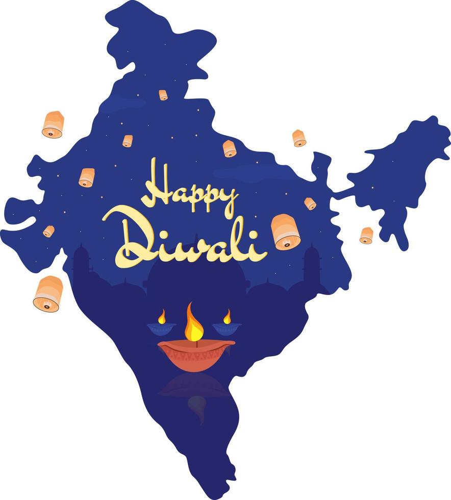 Diwali celebration 2D vector isolated illustration. Sky lanterns flat India silhouette on cartoon background. Colourful editable scene for mobile, website, presentation
