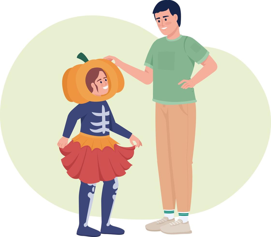 Make Halloween costume with dad 2D vector isolated illustration. Father with daughter choosing clothes flat characters on cartoon background. Colourful editable scene for mobile, website, presentation