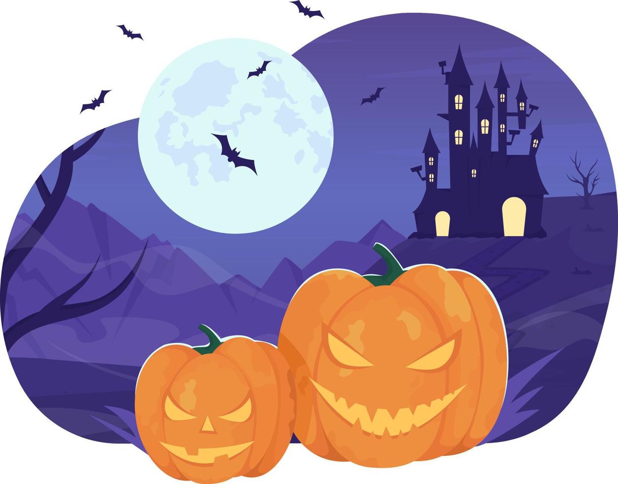 Halloween pumpkins with full moon 2D vector isolated illustration. Jack o lanterns and haunted castle flat objects on cartoon background. Colourful editable scene for mobile, website, presentation