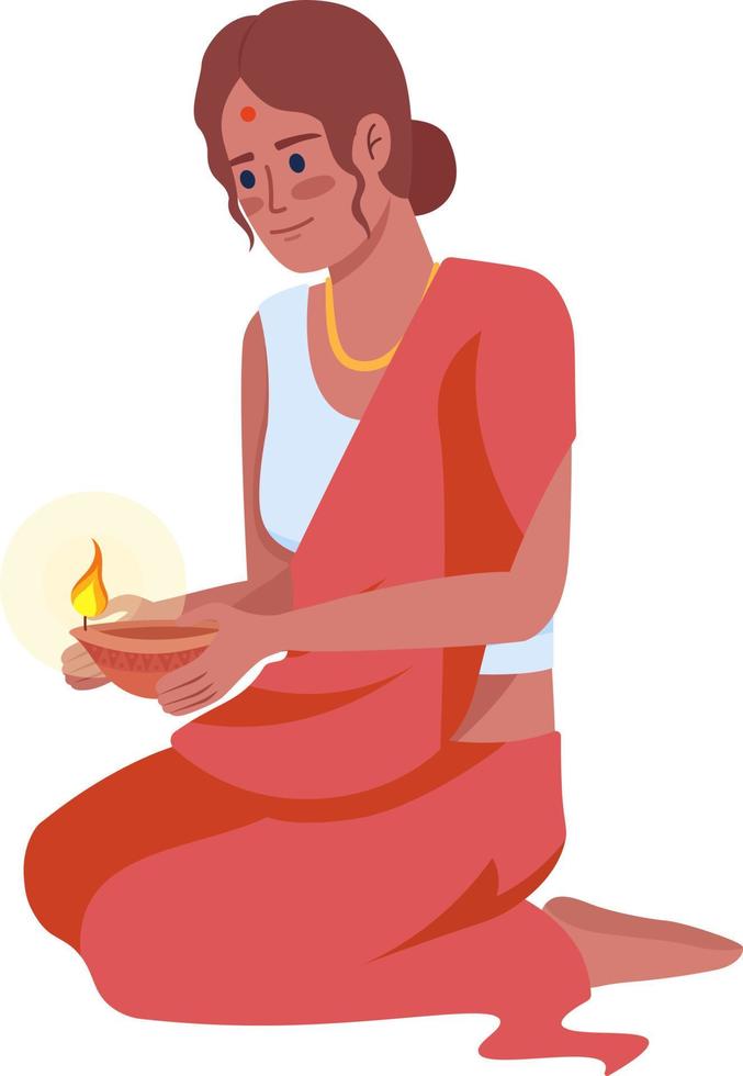mujer joven con lámpara de aceite en diwali carácter vectorial de color semiplano. figura editable. persona de cuerpo completo en blanco. ilustración de estilo de dibujos animados simple de cultura india para diseño gráfico web y animación vector