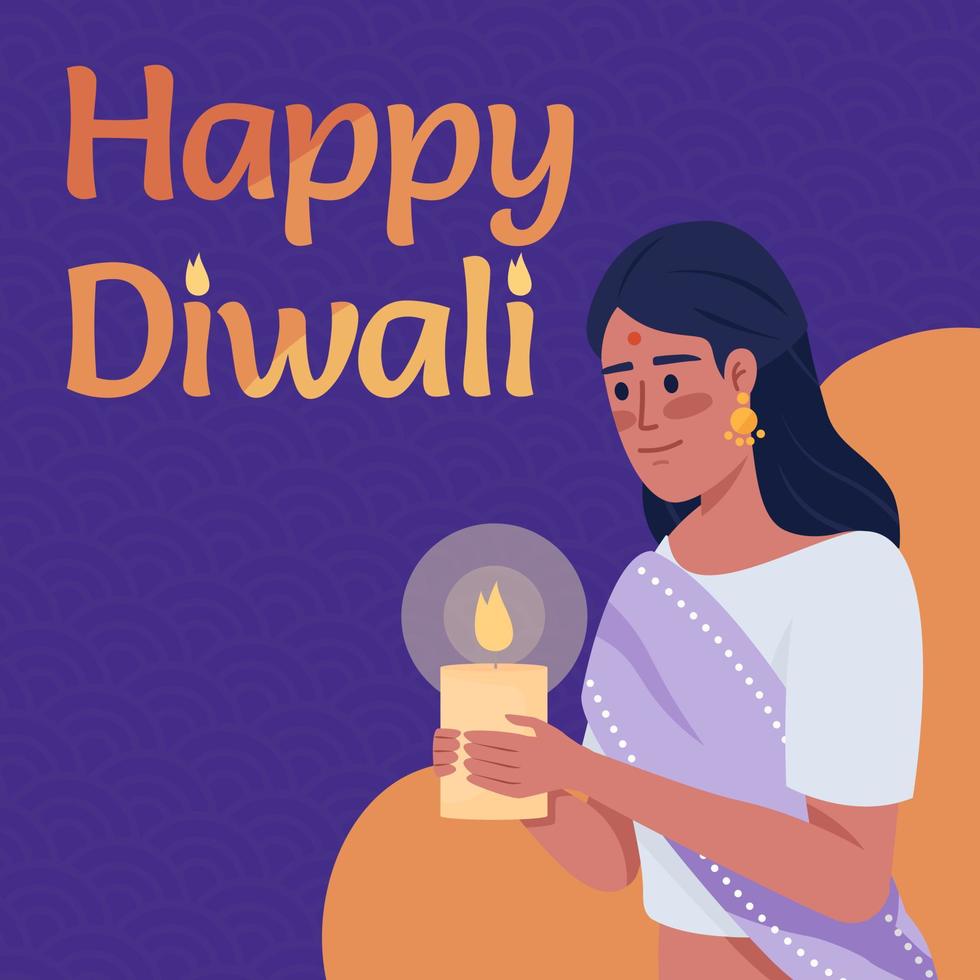 plantilla de tarjeta de felicitación feliz diwali. antiguas tradiciones indias. diseño editable de publicaciones en redes sociales. ilustración de color de vector plano para póster, banner web, tarjeta electrónica