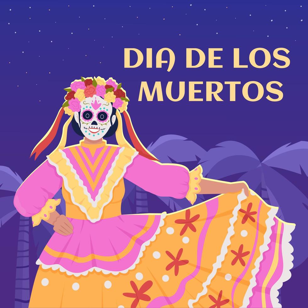 Dia De Los Muertos greeting card template. Editable social media post design. Celebrating day of the dead. Flat vector color illustration for poster, web banner, ecard