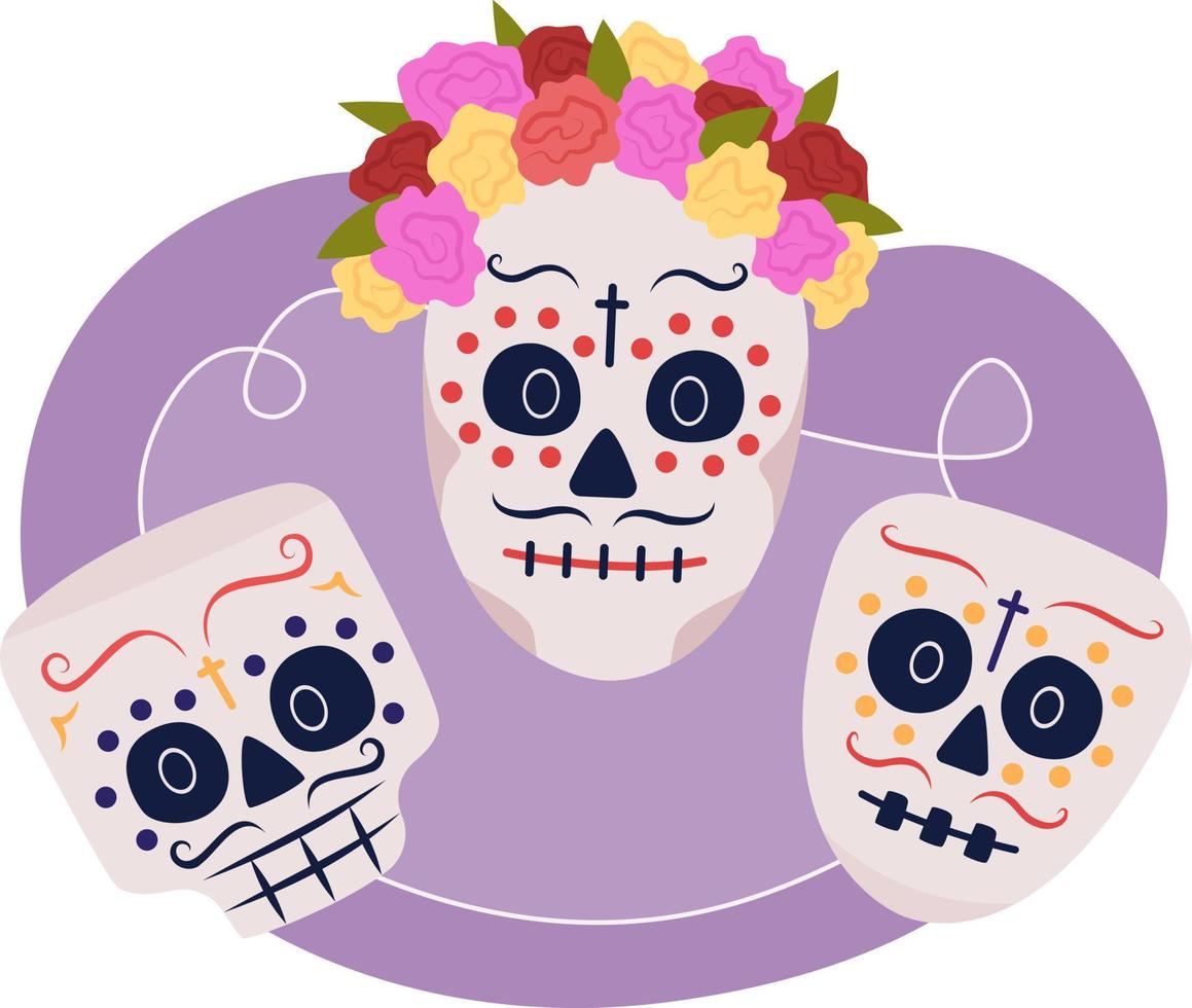 máscaras de calavera calavera 2d vector ilustración aislada. dia de los muertos decoraciones objetos planos sobre fondo de dibujos animados. disfraces de halloween colorida escena editable para móvil, sitio web, presentación