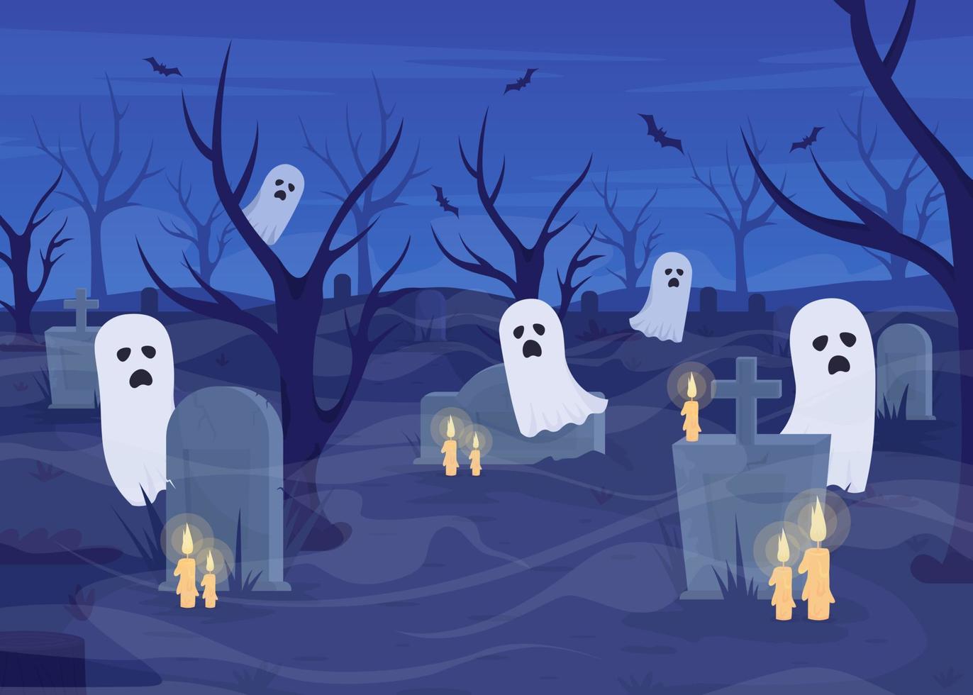 fantasmas aullando en la ilustración de vector de color plano del cementerio. lápidas de cementerio de miedo para el festival de otoño. personajes de dibujos animados simples 2d completamente editables con espeluznante noche de halloween en el fondo