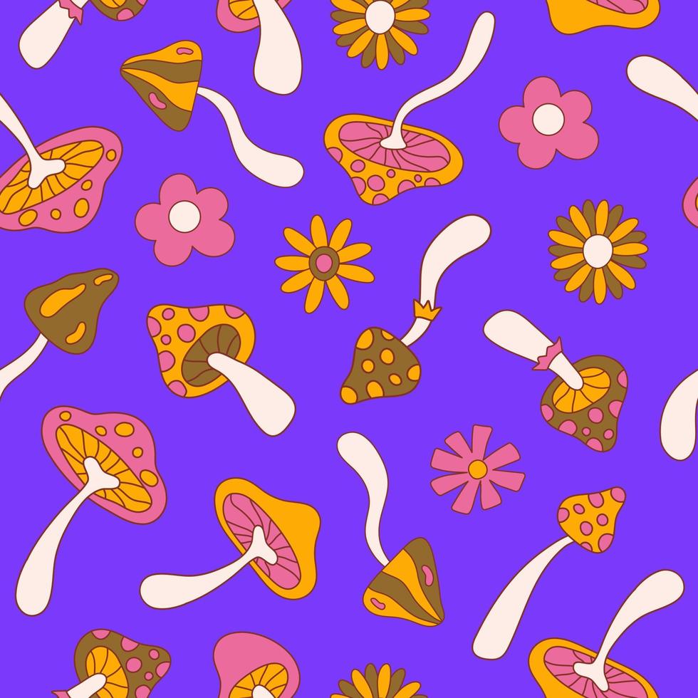 Retro groovy seamless pattern with cute flowers and mushrooms on a blue background. Vector illustration in style hippie 70s, 80s