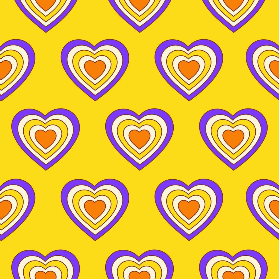 Seamless pattern with hearts shaped tunnel isolated on a yellow background. Modern minimal illustration for decoration. Retro vector print in style 60s, 70s