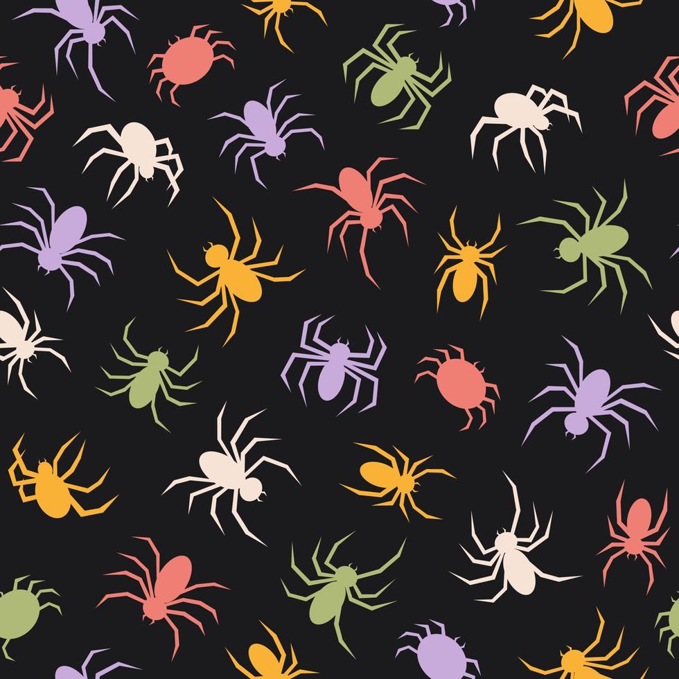 Cute seamless pattern with colorful spiders on a black background. Simple vector print with spiders theme for halloween