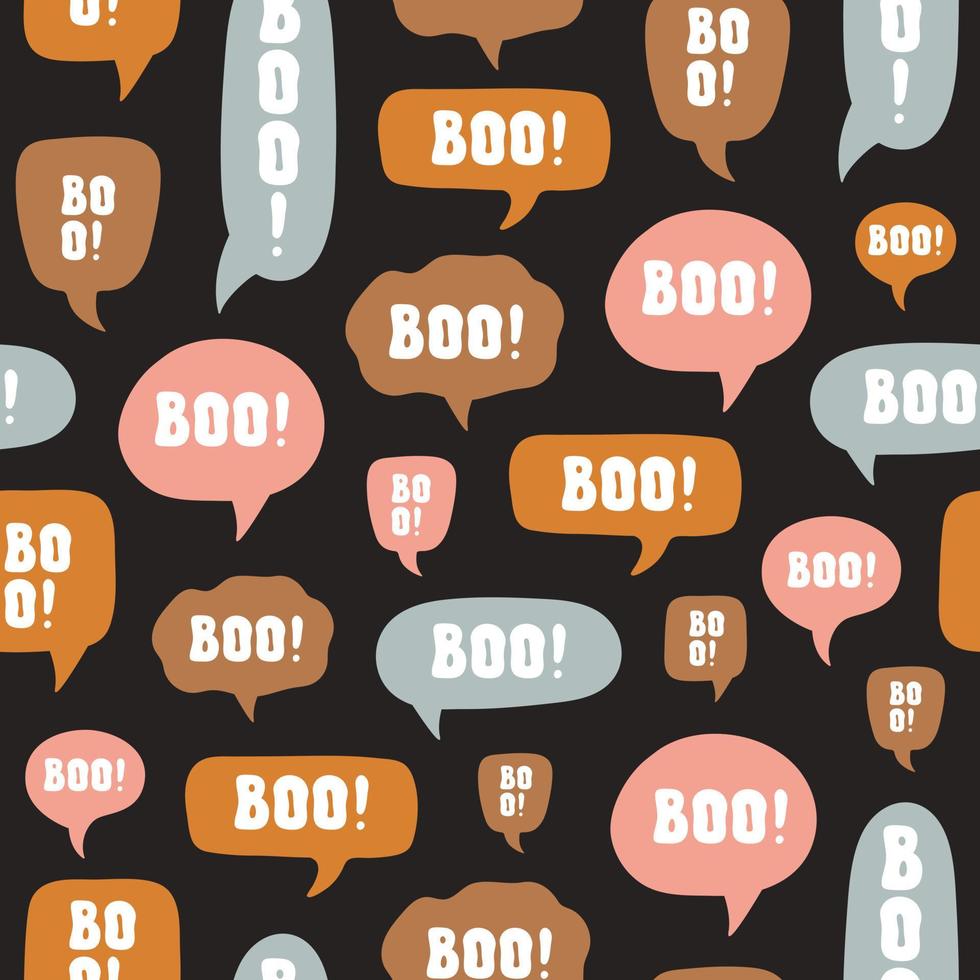 Abstract seamless pattern with colorful halloween design of bright speech bubble and word BOO on black background. Vector illustration