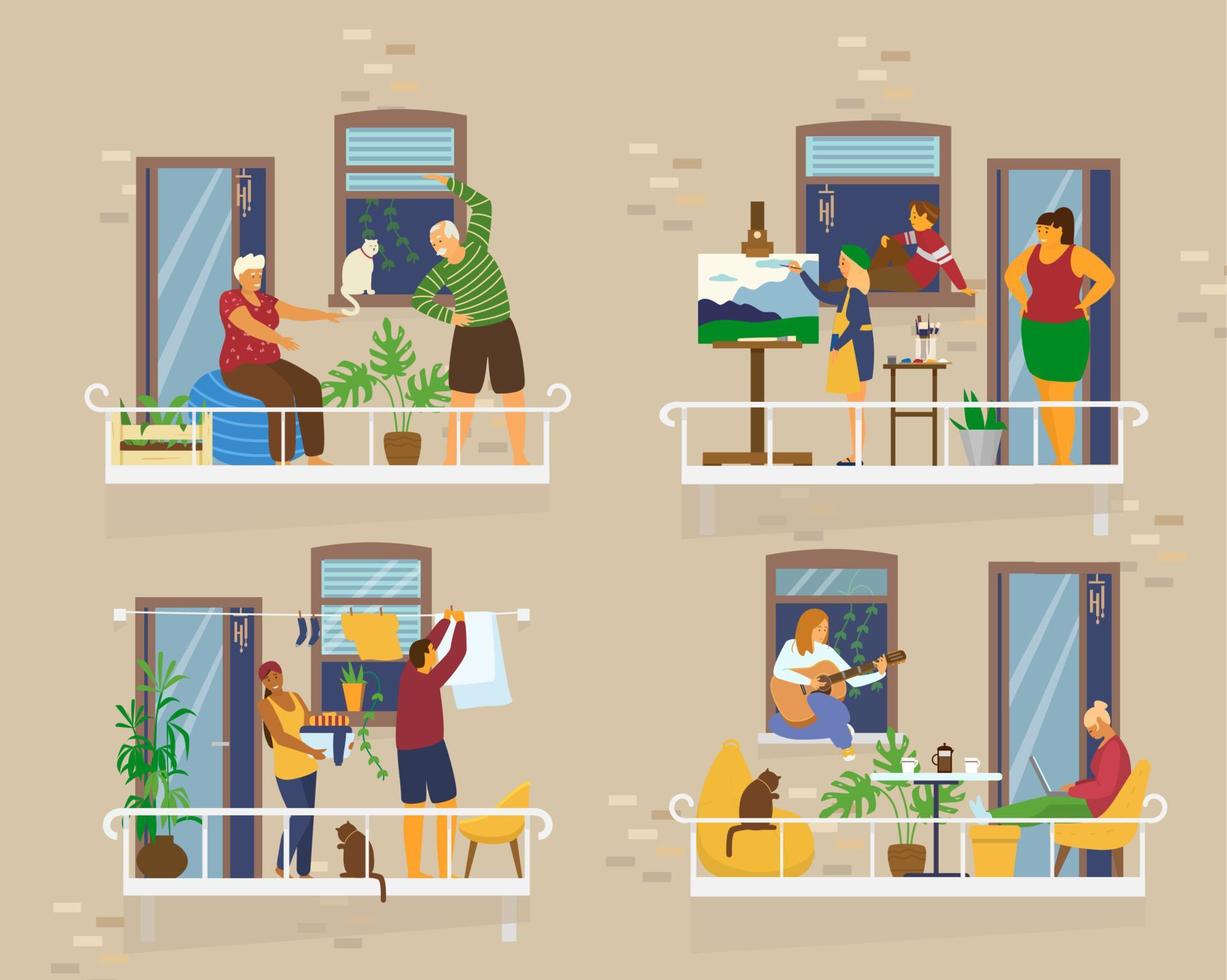 Balconies With People  During Quarantine. Neighbours On Socail Isolation. Senior Couple Doing Exercises, Girl Painting, Couple Doing Laundry, Playing Guitar, Working.Flat Vector Illustration.