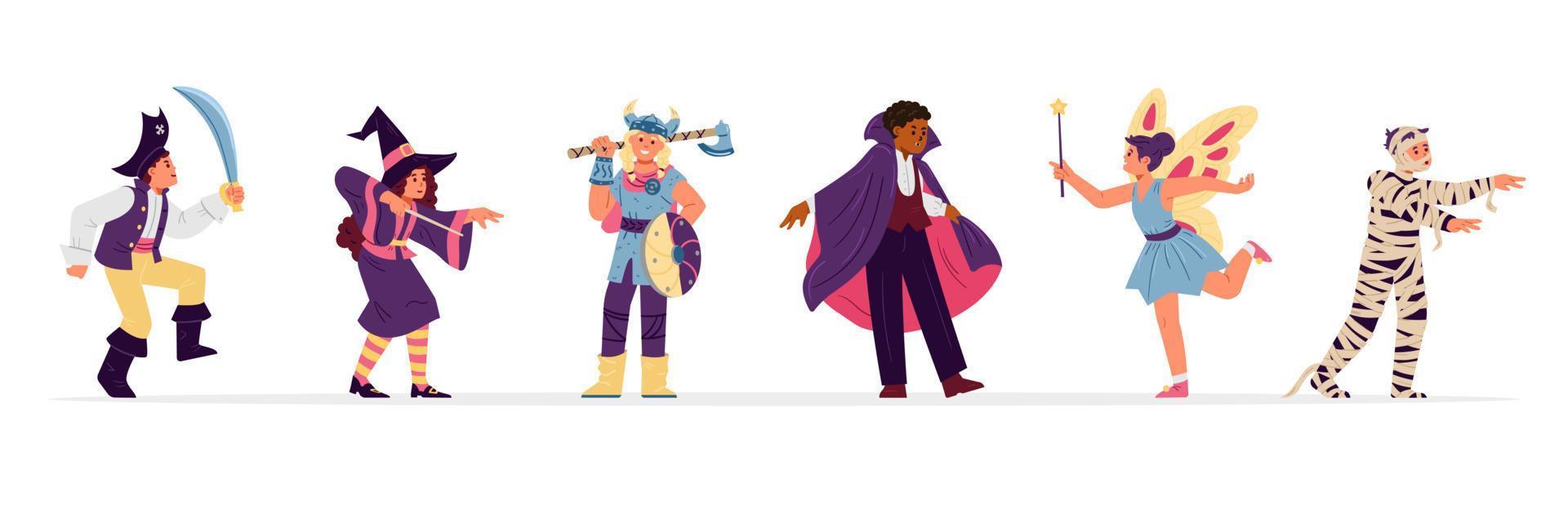 Kids in different Halloween costumes vector illustrations set. Pirate, witch, viking, vampire, fairy and mummy.