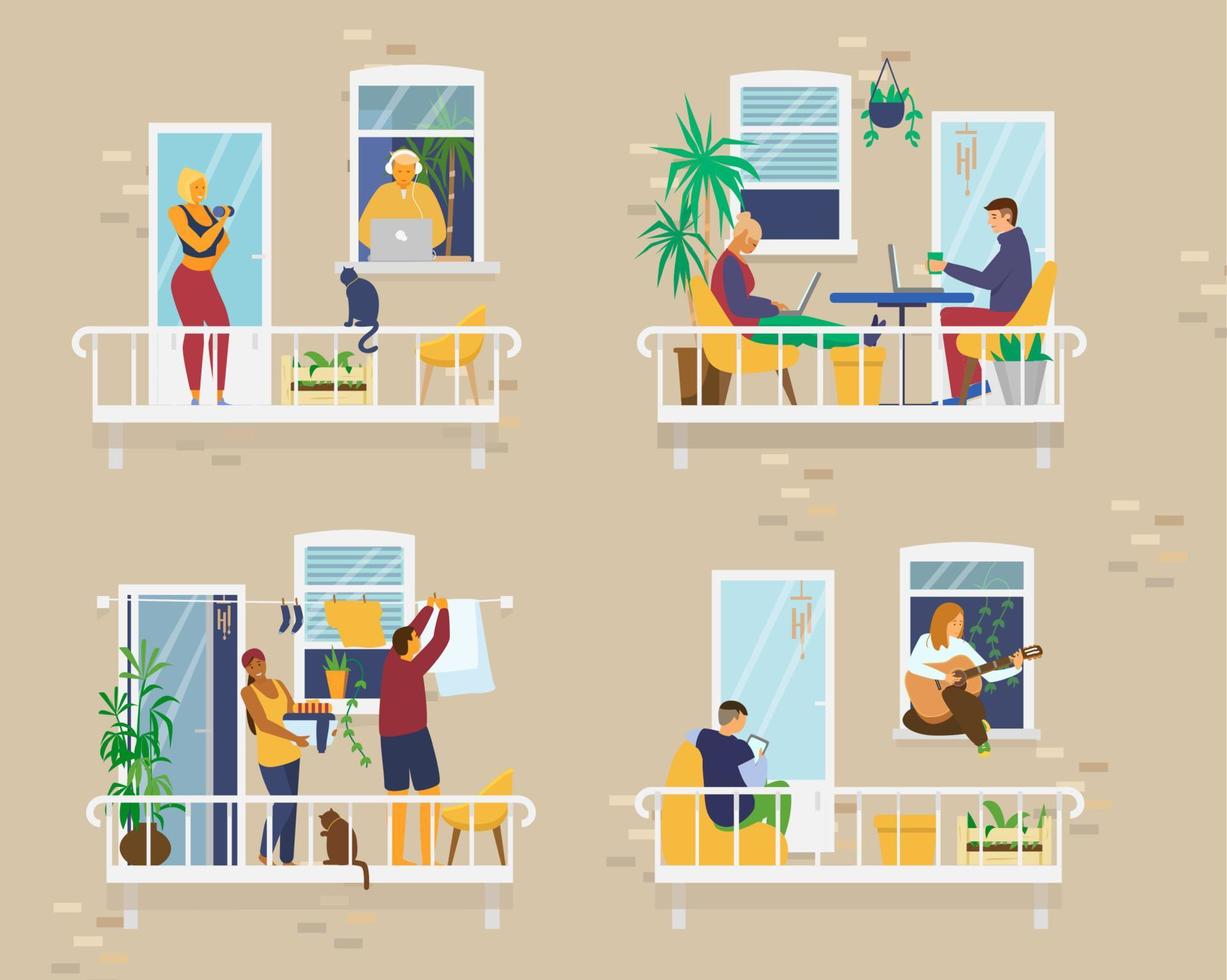 exterior de la casa con gente en acogedores balcones durante la cuarentena y haciendo diferentes actividades estudiando, tocando guitarra, trabajando, haciendo yoga, lavando ropa, leyendo. vecinos ilustración vectorial plana. vector