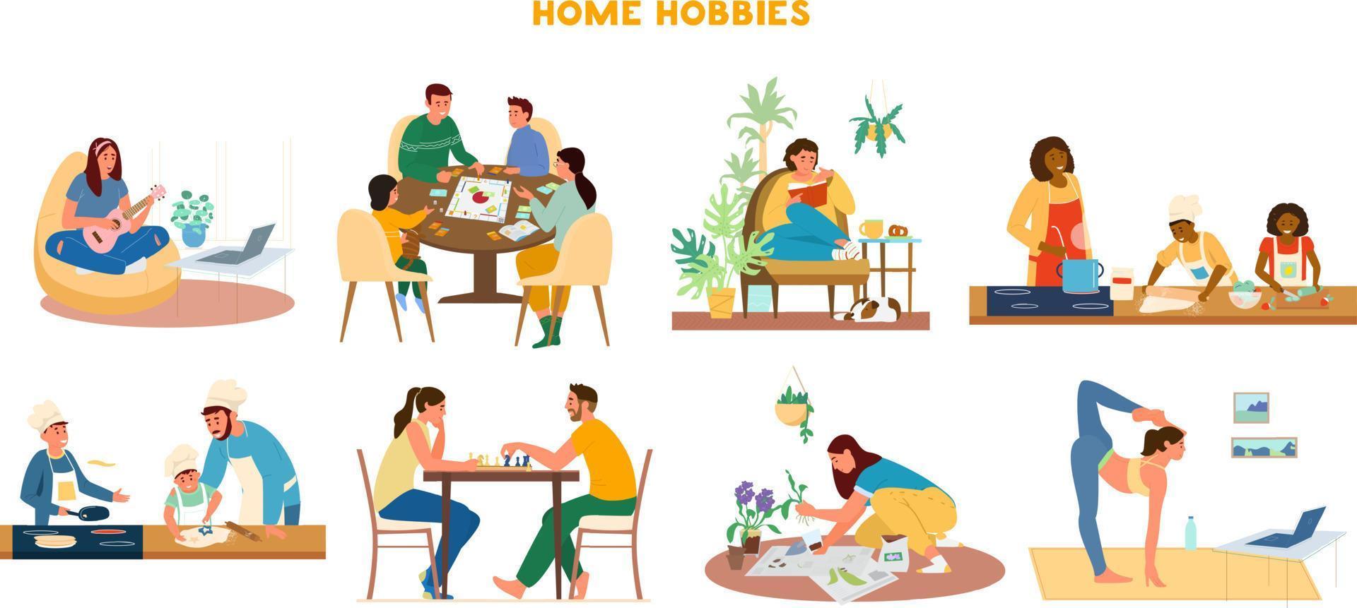 conjunto vectorial de ilustraciones de pasatiempos domésticos. actividades de ocio en casa jugando ukelele, juegos de mesa, leyendo, cocinando, jugando ajedrez, jardinería, haciendo yoga. vector