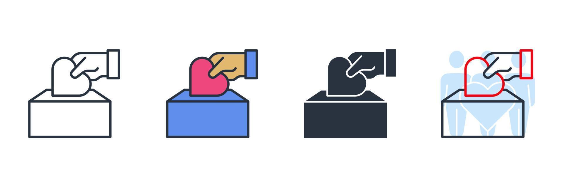 donation icon logo vector illustration. Hand putting hearth or love in the box symbol template for graphic and web design collection