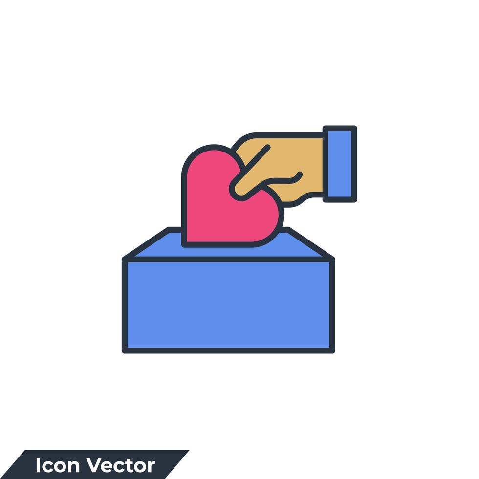 donation icon logo vector illustration. Hand putting hearth or love in the box symbol template for graphic and web design collection