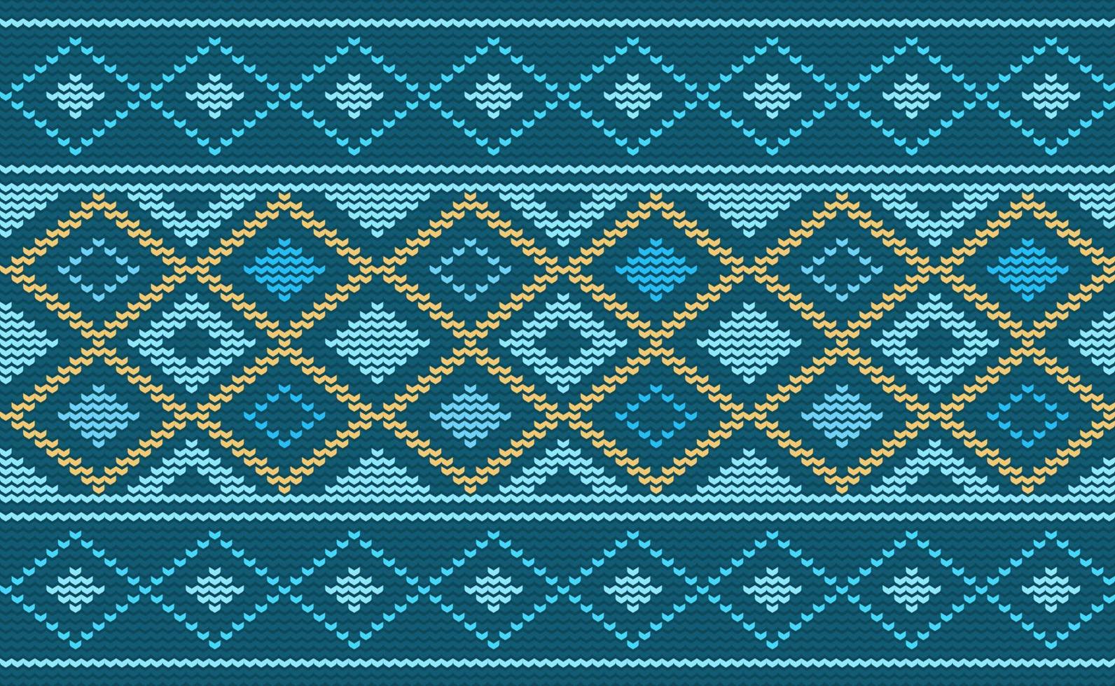 Knitted ethnic pattern, Vector embroidery Navajo background, Cross stitch motif tribal style, Yellow and blue pattern zigzag, Design for textile, fabric, wallpaper, graphic illustration