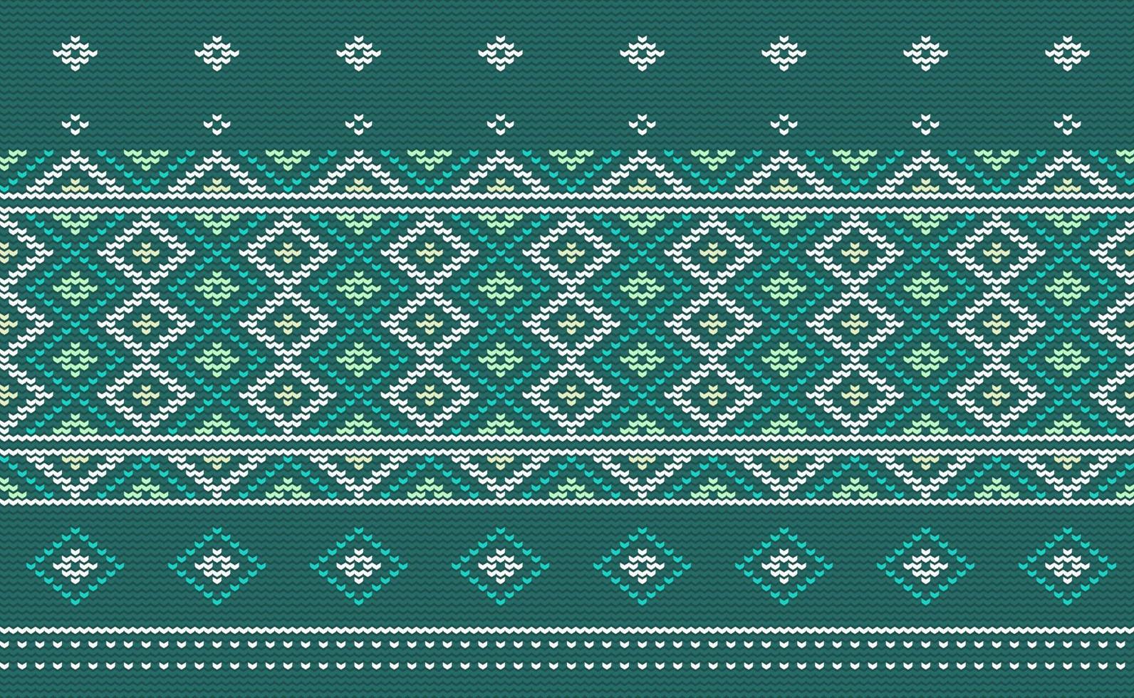 Knitted ethnic pattern, Vector cross stitch oriental background, Embroidery retro Moroccan style, Green and white pattern aztec element, Design for textile, fabric, curtain, wrapping