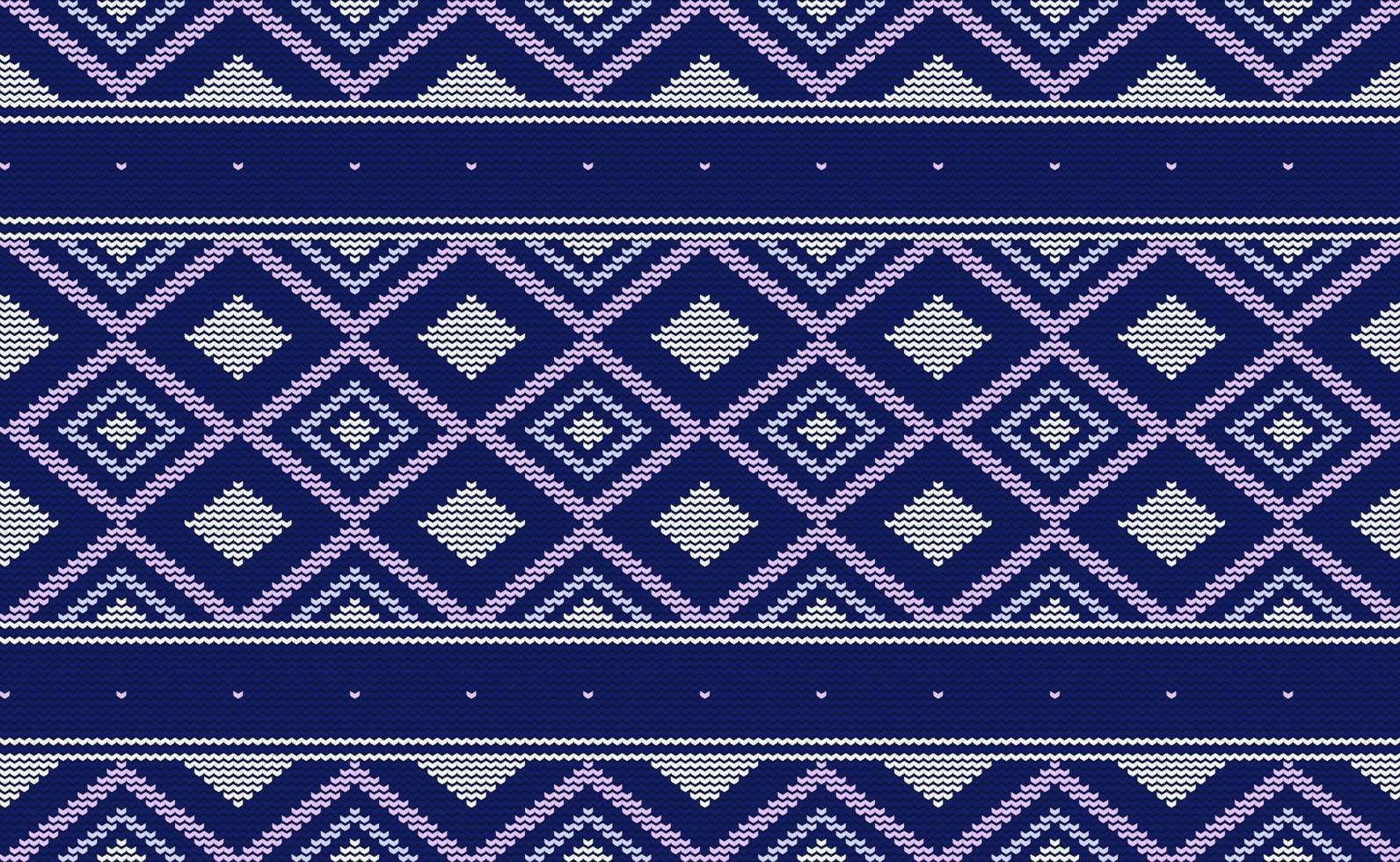 Knitted ethnic pattern, Vector cross stitch square background, Embroidery traditional african style, White and purple pattern yarn abstract, Design for textile, fabric, carpet, graphic illustration