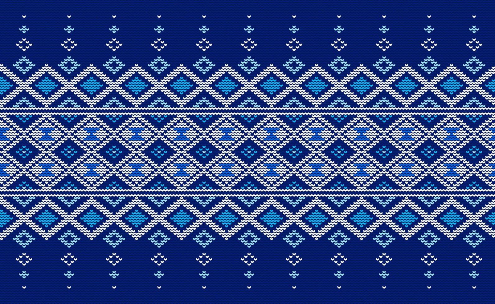 Knitted ethnic pattern, Vector embroidery square background, Cross stitch traditional african style, White and blue pattern yarn abstract, Design for textile, fabric, carpet, graphic illustration