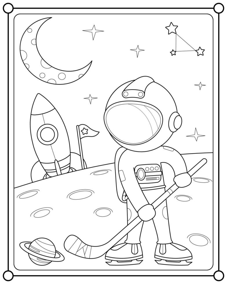 lindo astronauta jugando al planeta de hockey en el espacio adecuado para la ilustración vectorial de la página de color de los niños vector