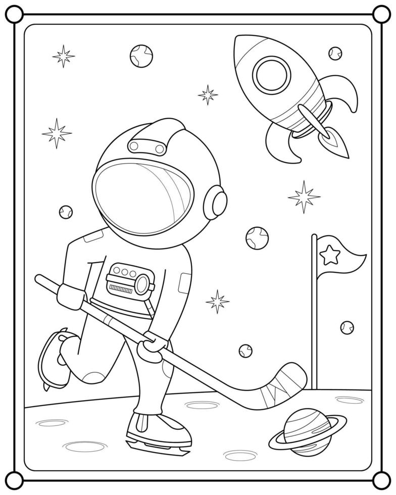 lindo astronauta jugando al planeta de hockey en el espacio adecuado para la ilustración vectorial de la página de color de los niños vector