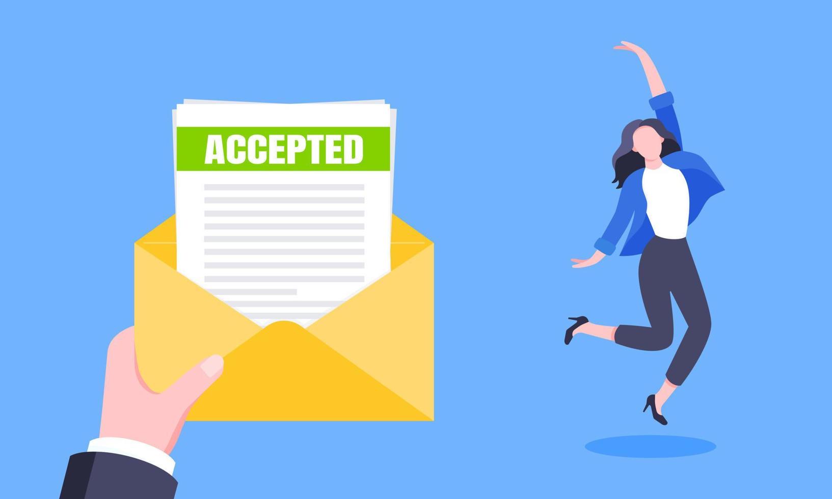 carta de aceptación de trabajo o universidad con sobre y hojas de papel documento de correo electrónico. vector