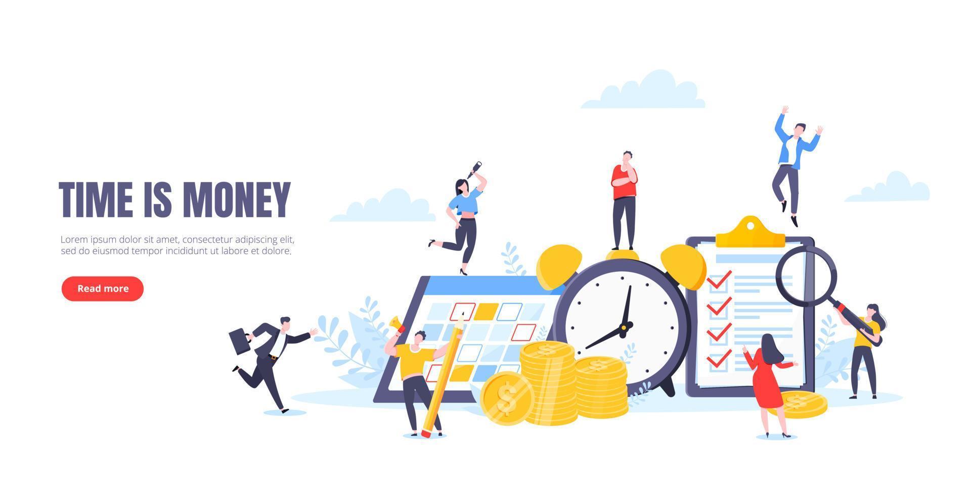 Time is money or saving money business concept. Tiny people working with clock, calendar schedule and checklist symbol. vector