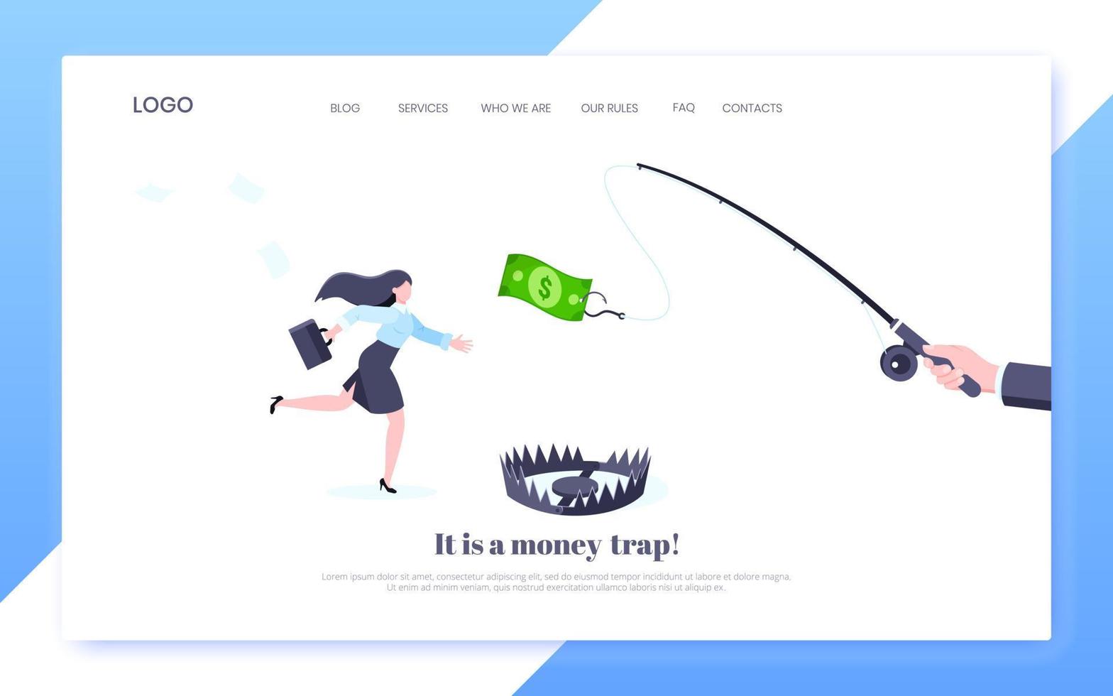 Fishing money chase business concept with businesswoman running after dangling dollar and trying to catch it. vector